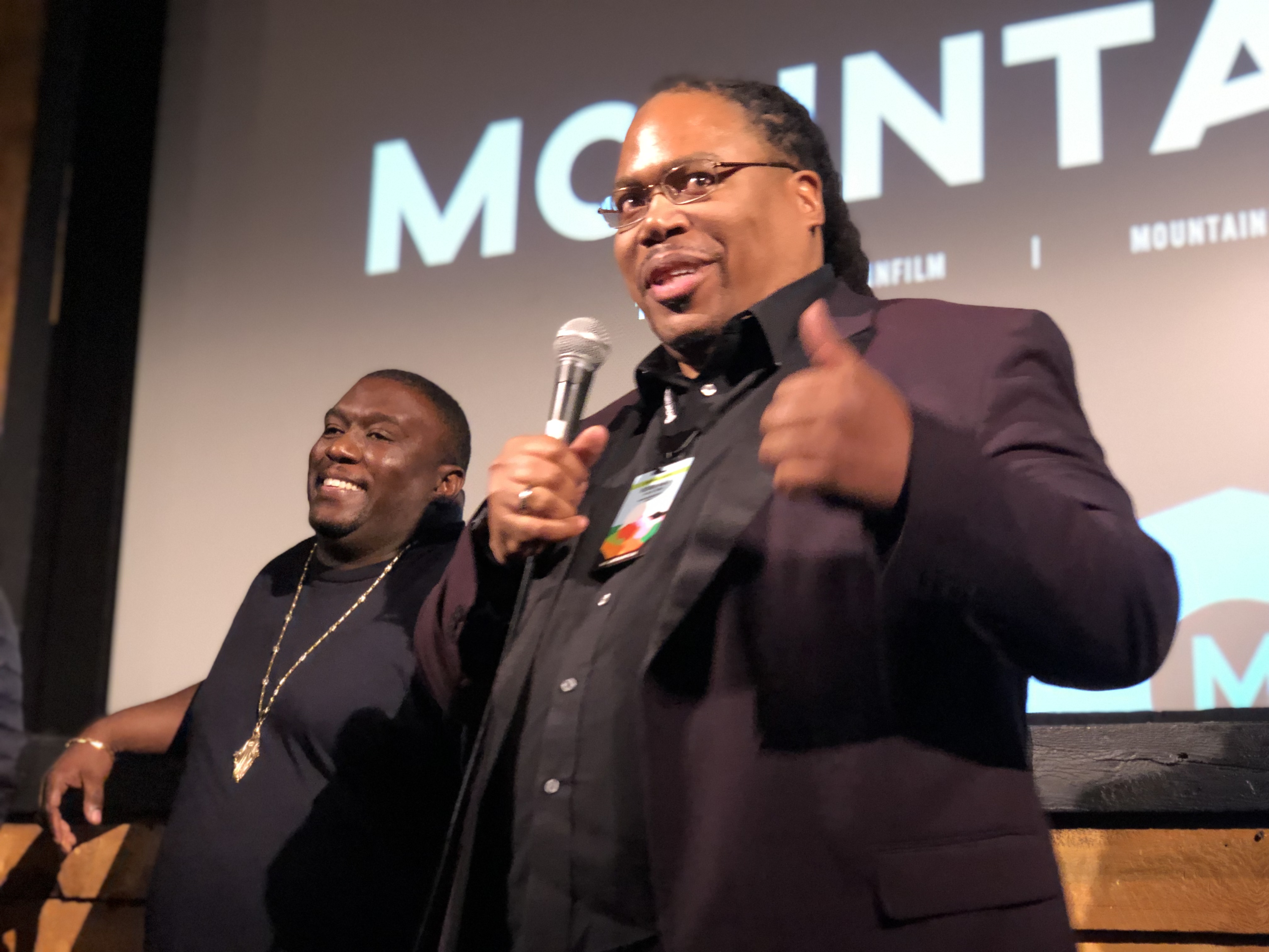 From left, William Smith and Richard White, subjects of the film R.A.W. Tuba, answer audience questions at the Nugget Theatre following a live musical performance. [Photo courtesy of Mountainfilm]